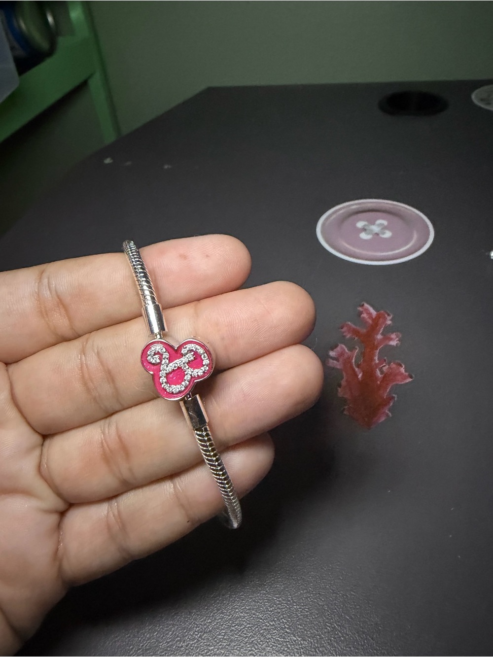 Pink Crystal Mouse Charm Bracelet - Women's Silver Tone Bangle